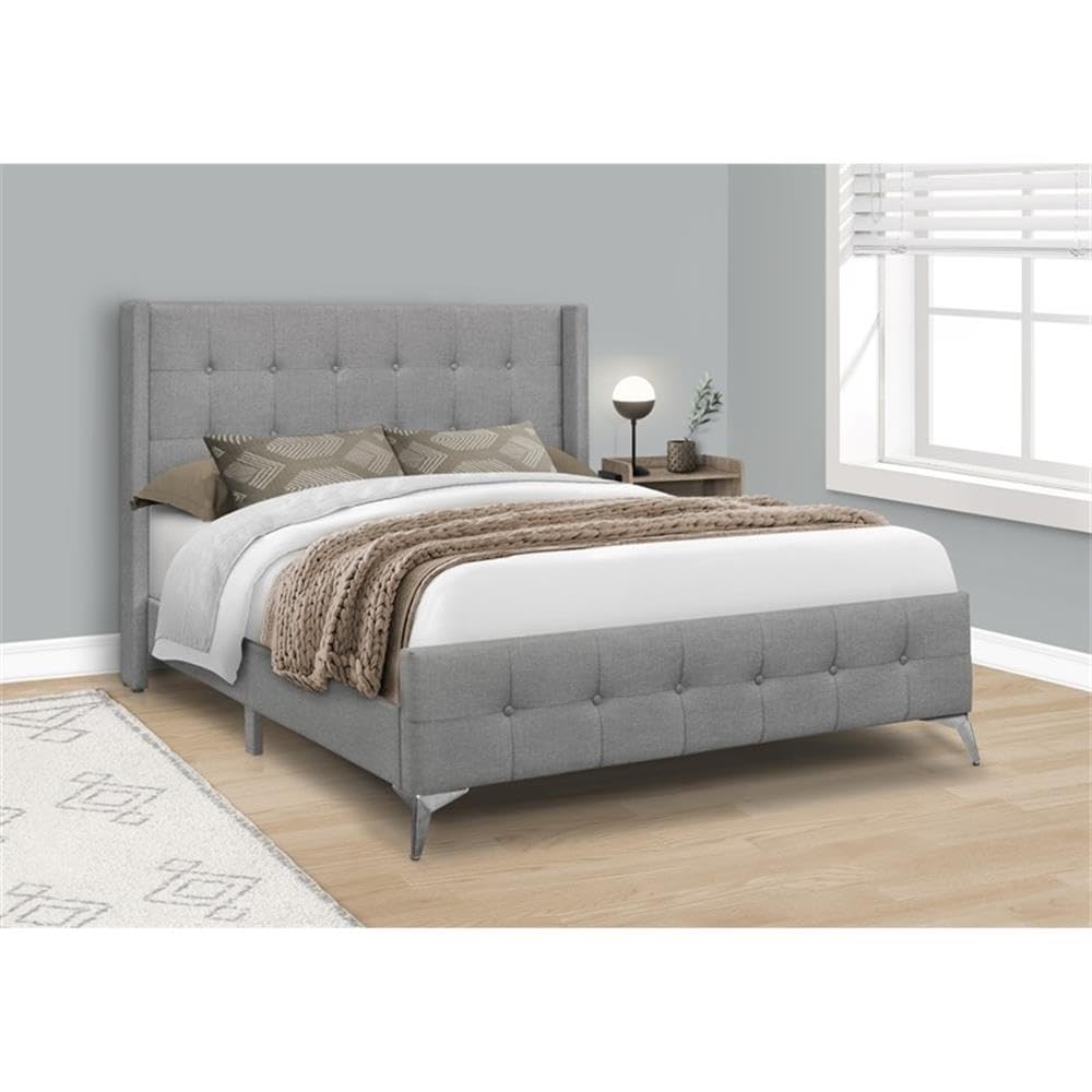 Monarch Specialties I 6040Q Bed, Frame, Platform, Bedroom, Queen Size, Upholstered, Linen Look Fabric, Metal Legs, Grey, Chrome, Contemporary, Modern